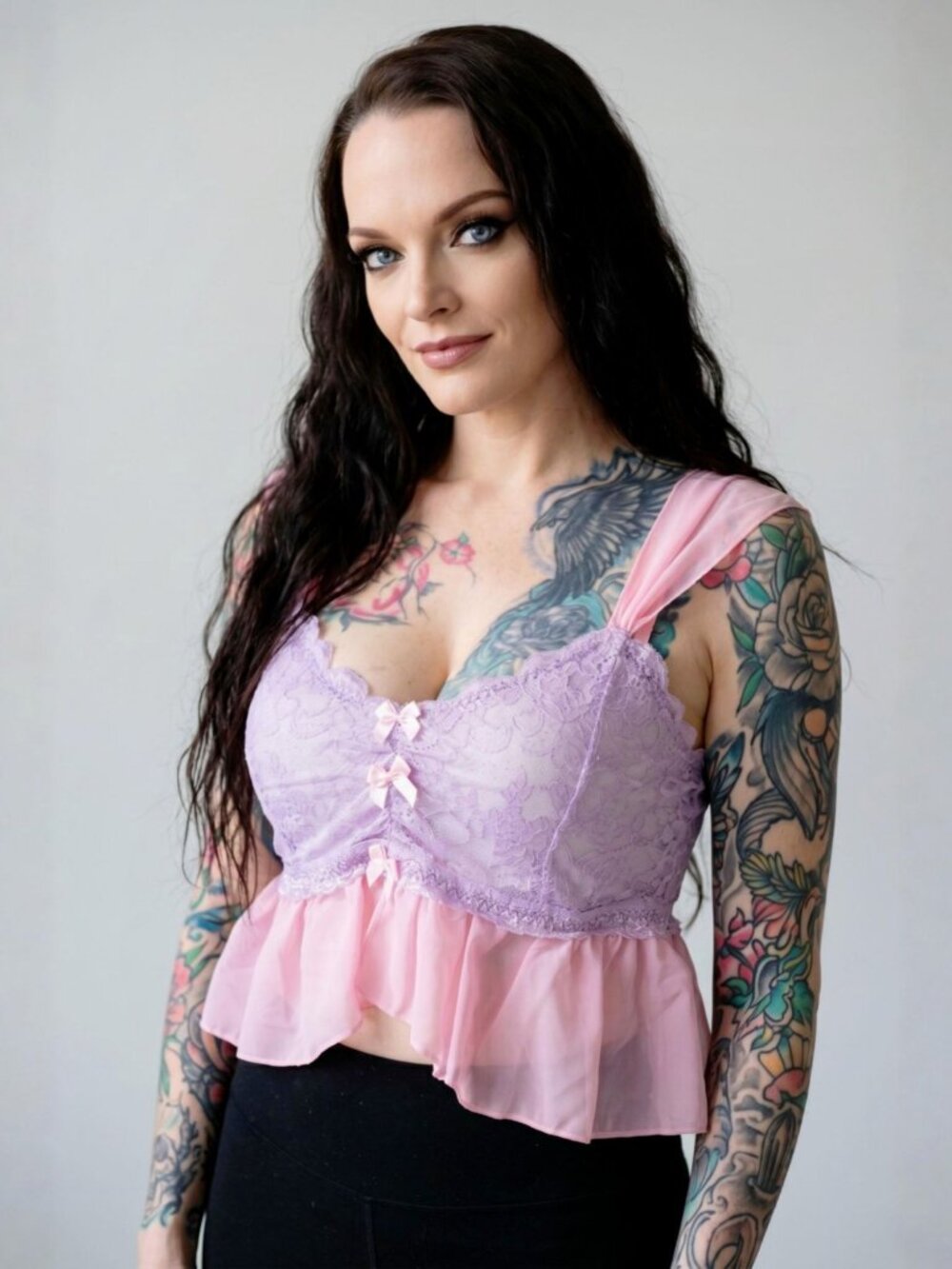 Sugar Thrillz ✦ Lace Chiffon Ruffle Bow Top ✦ Semi-Sheer Purple Pink Pastel L